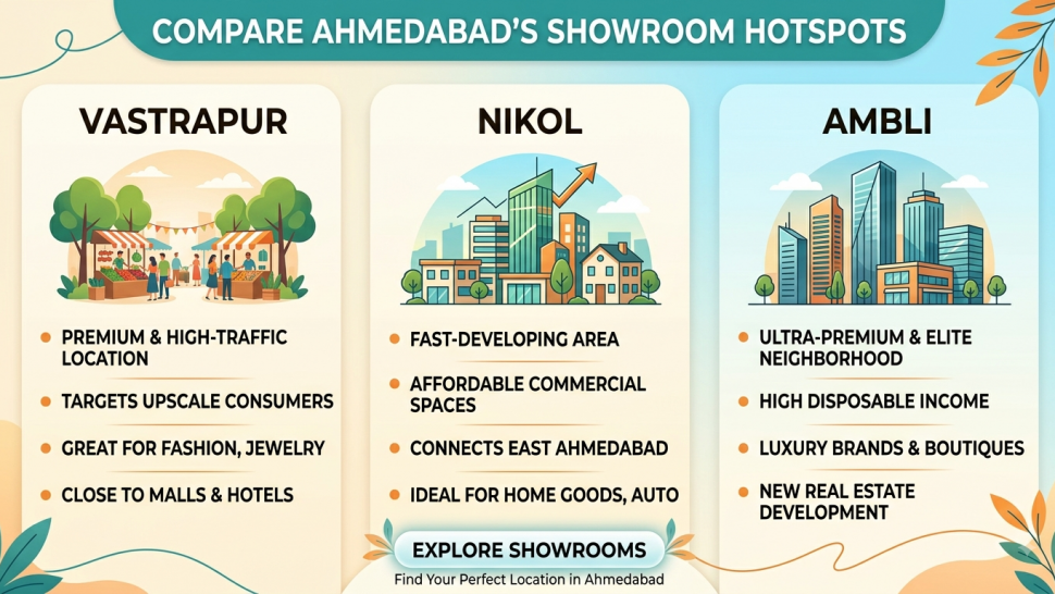 Looking for a Showroom in Ahmedabad? Compare Vastrapur, Nikol and Ambli